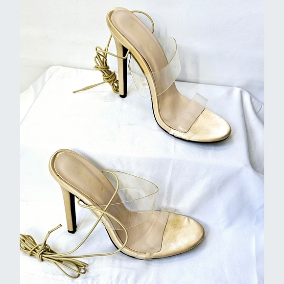 Size 38 Eur Gold Ankle Tie Sandals - Picture 1 of 6